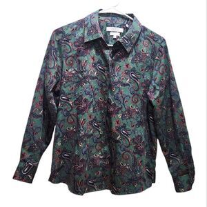 Foxcroft for Appleseed’s Shirt Women’s 8P Green Paisley Shaped Wrinkle Free